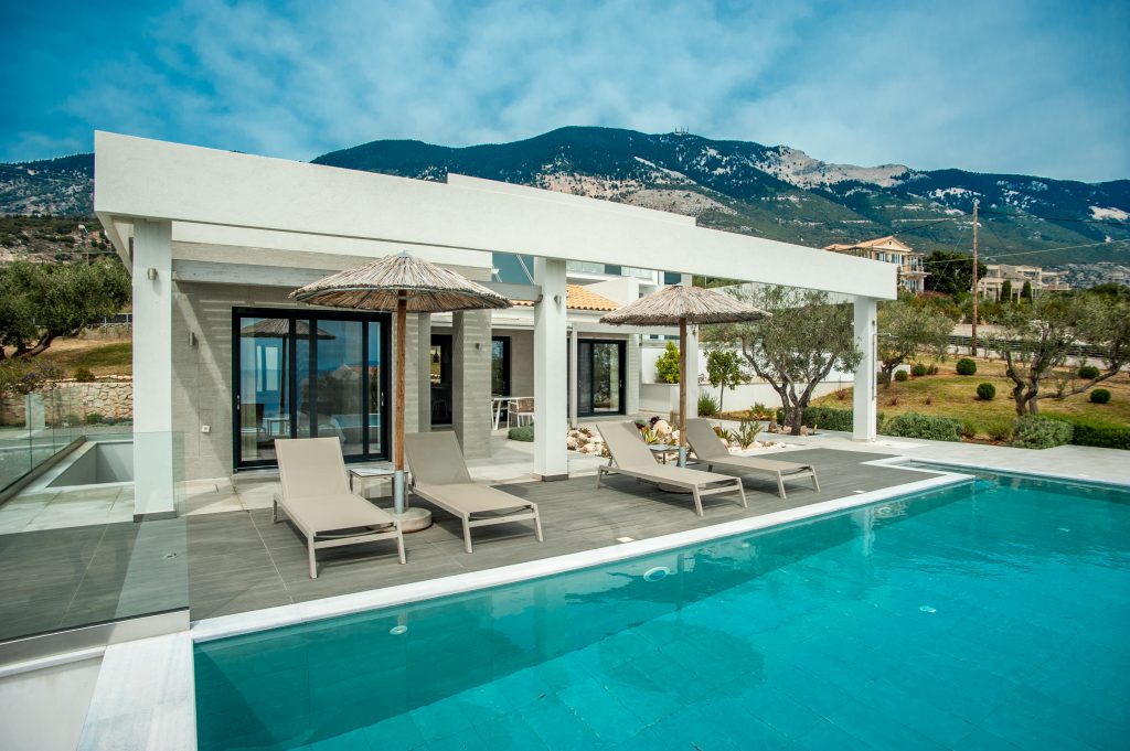 Villa Bambola pool terrace with mountain backdrop, Kefalonia