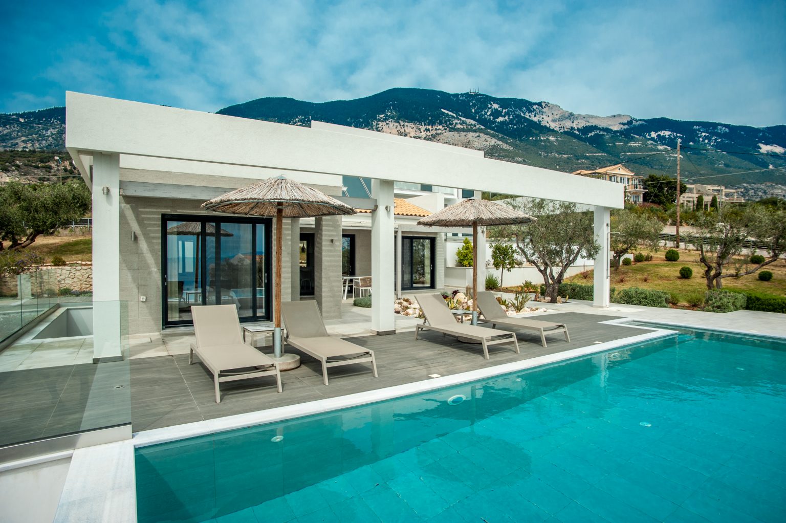 Villa Bambola pool terrace with mountain backdrop, Kefalonia