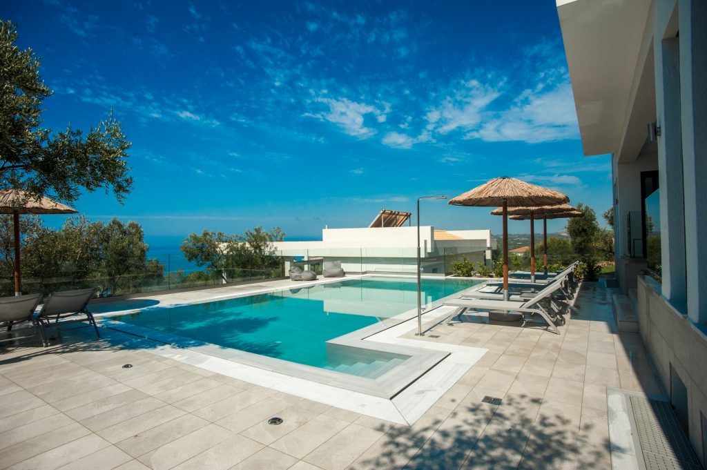 Villa Azzurro pool with sea views towards Zakynthos, Kefalonia