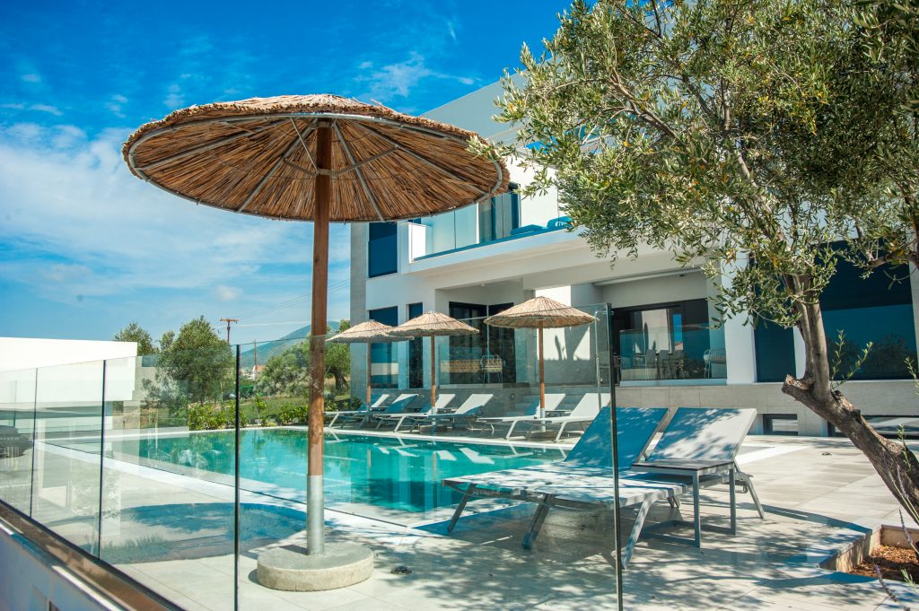 Villa Azzurro pool and terrace with sun loungers, Kefalonia