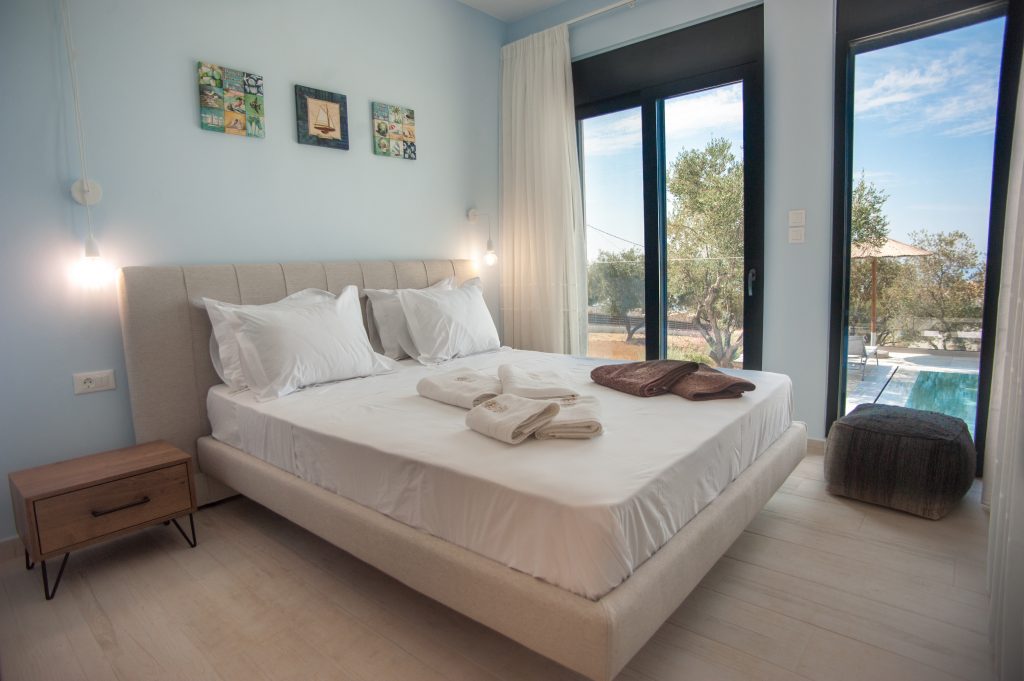Villa Azzurro bedroom with pool and garden views, Kefalonia