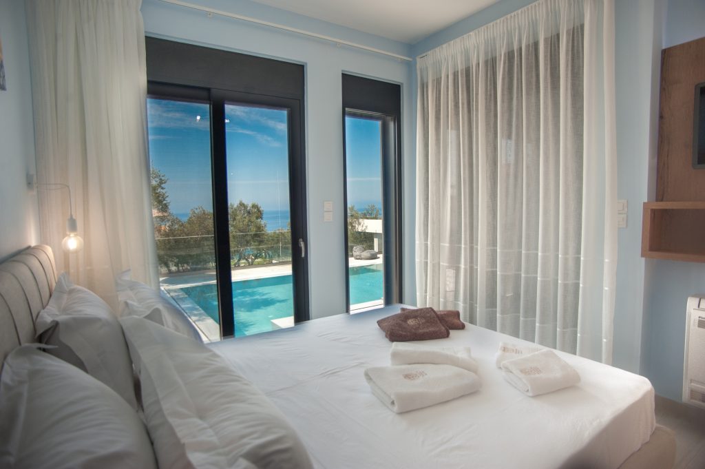 Villa Azzurro bedroom with sea views and terrace access, Kefalonia