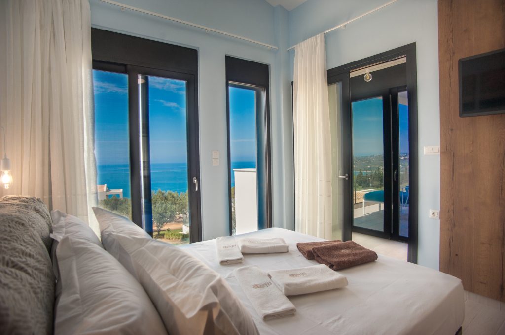Villa Azzurro bedroom with sea views towards Zakynthos, Kefalonia