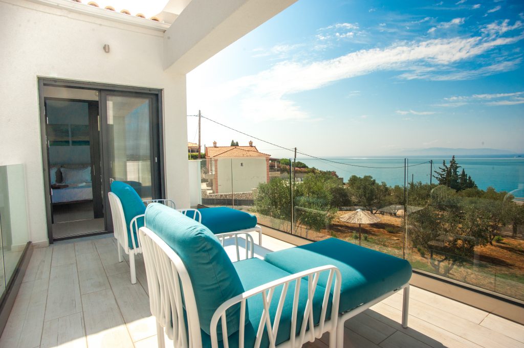 Villa Azzurro terrace with sea views and lounge seating, Kefalonia