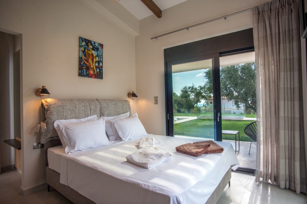 Bedroom with sea-view terrace access, Villa Arte, Kefalonia