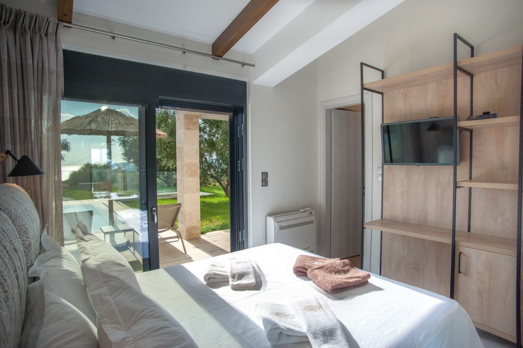 Bedroom with terrace doors onto the garden, Villa Arte, Kefalonia