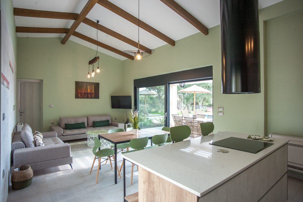 Open-plan kitchen and living area with exposed beams, Villa Arte, Kefalonia