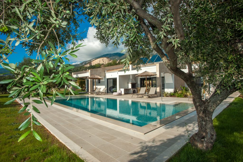 Aerial view of the pool framed by olive trees, Villa Arte, Kefalonia