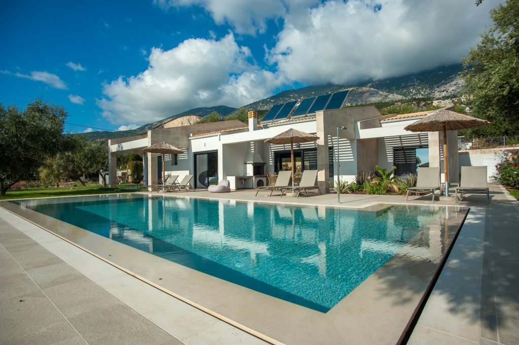 Pool and sun loungers with villa view, Villa Arte, Kefalonia