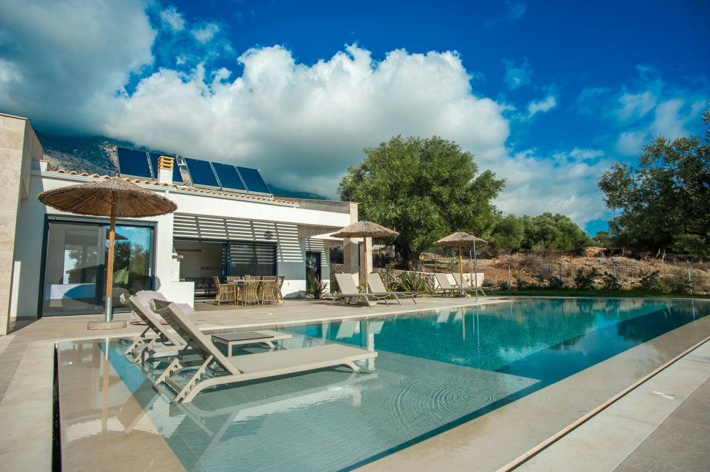 Villa exterior with solar panels and pool, Villa Arte, Kefalonia