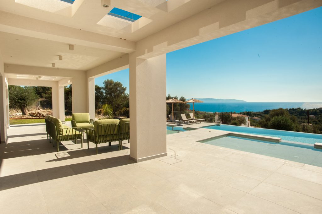 Villa Insieme covered terrace overlooking the pool and sea, Kefalonia