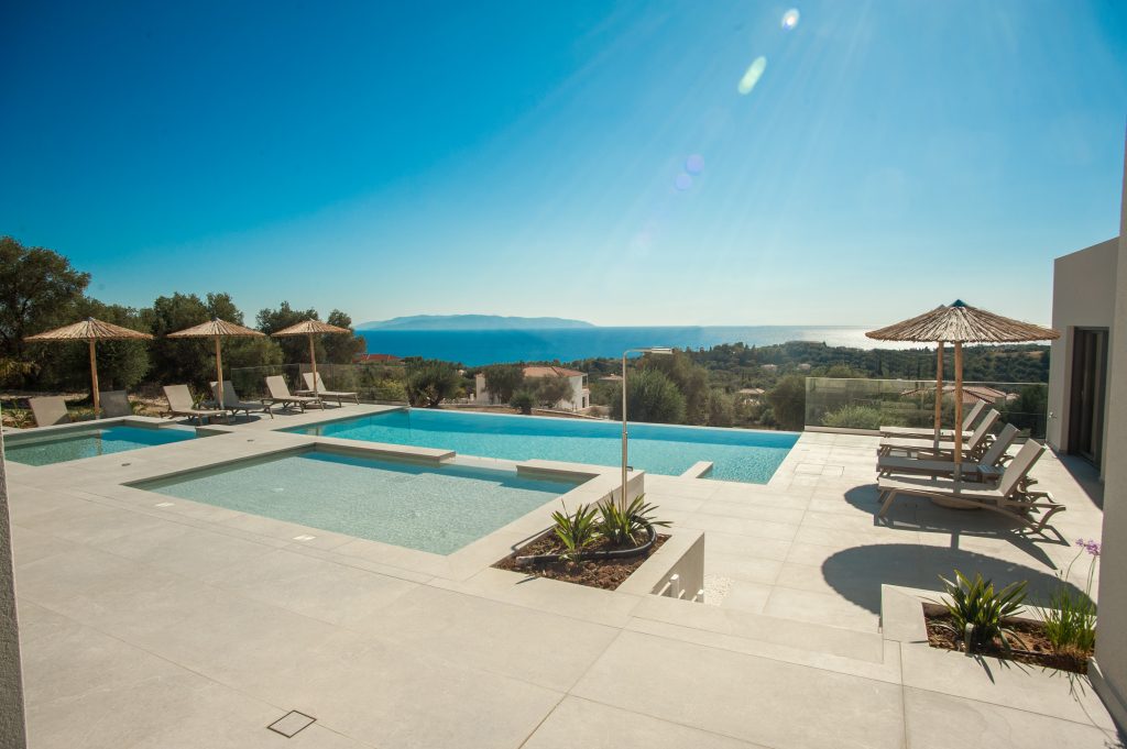 Villa Insieme triple-experience pool with sun loungers and sea views, Kefalonia
