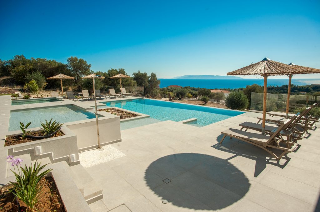 Villa Insieme infinity pool with sea views and olive trees, Kefalonia