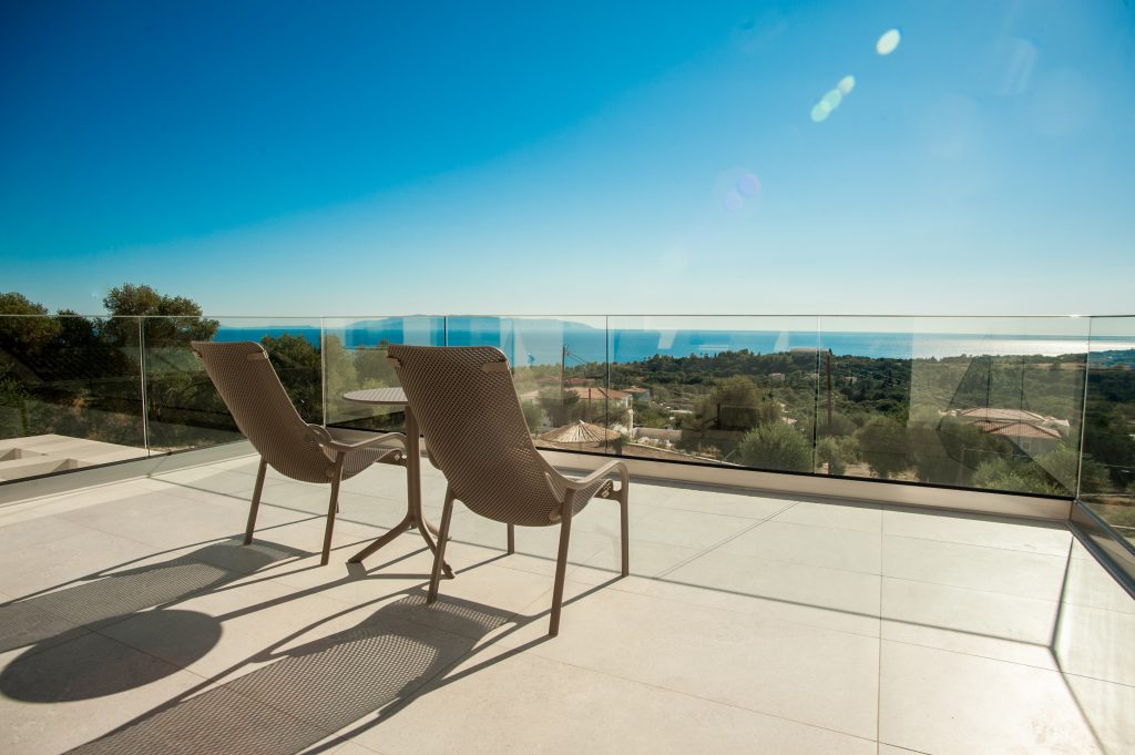 Villa Insieme sea-view terrace with lounge chairs, Kefalonia