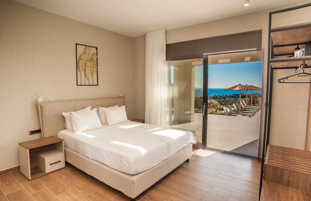 Villa Insieme bedroom with terrace access and sea views, Kefalonia