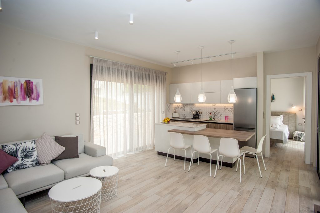 Villa Bambola open-plan living and kitchen area, Kefalonia