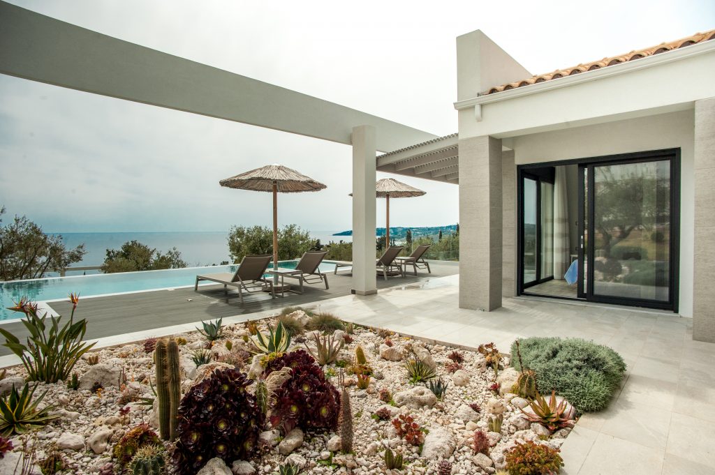 Villa Bambola pool terrace with sea views and cactus garden, Kefalonia