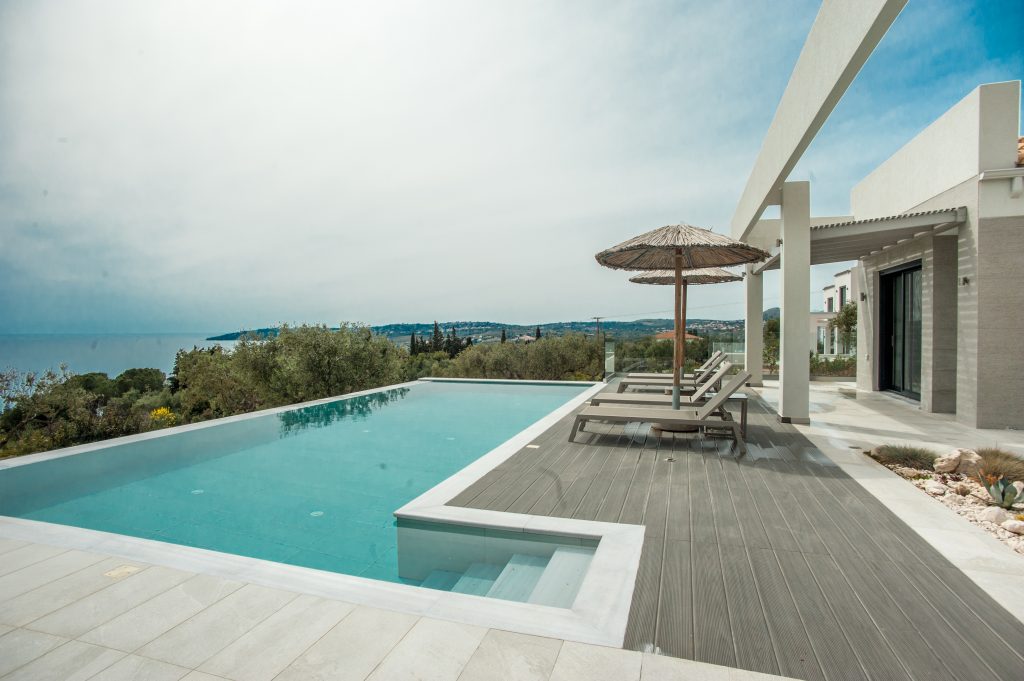 Villa Bambola infinity pool with sea views towards Zakynthos, Kefalonia